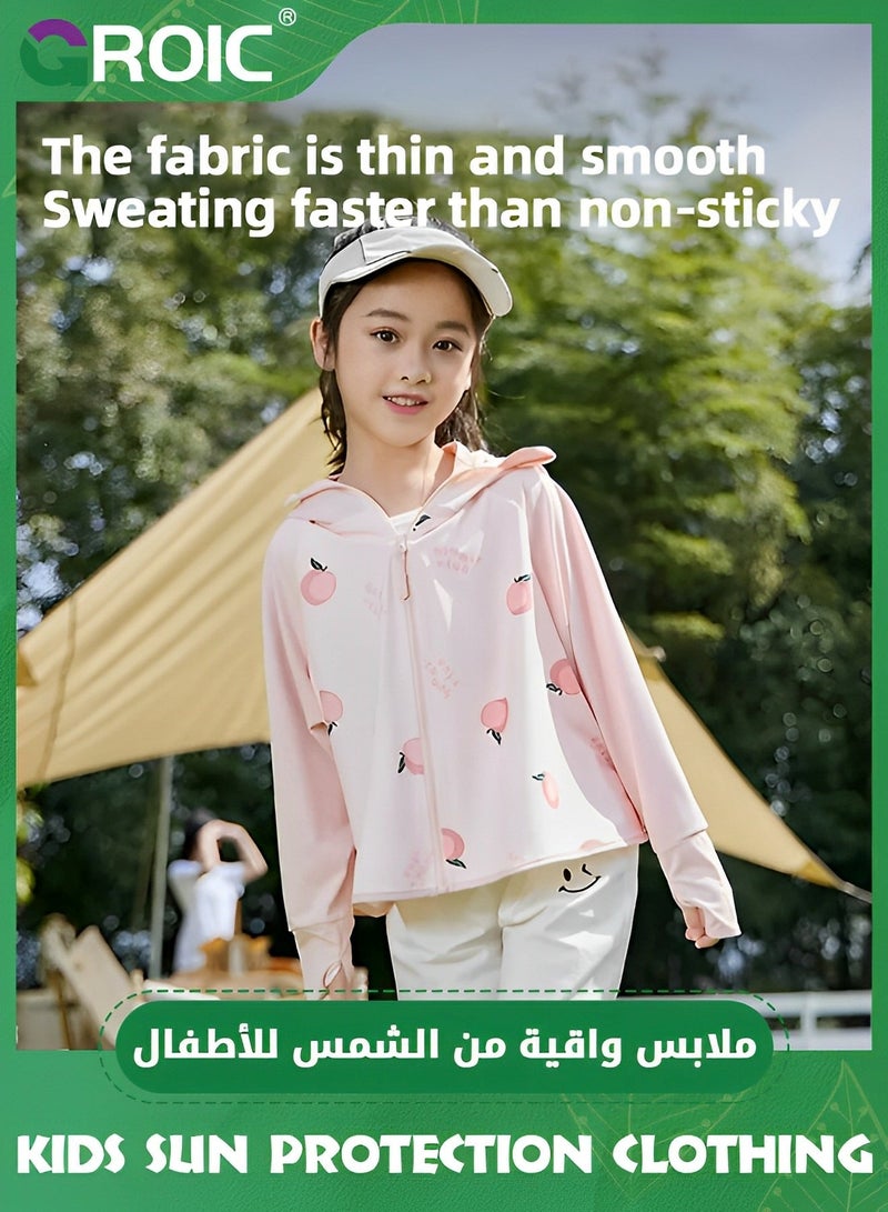 GROIC UPF 50+ UV Sun Protection Clothing for Kids, Ice Silk Long Sleeve Hoodie Shirt, Summer Elastic Quick Dry Athletic Hiking Lightweight Zipper Outdoor Jacket - Pink  - Image 4