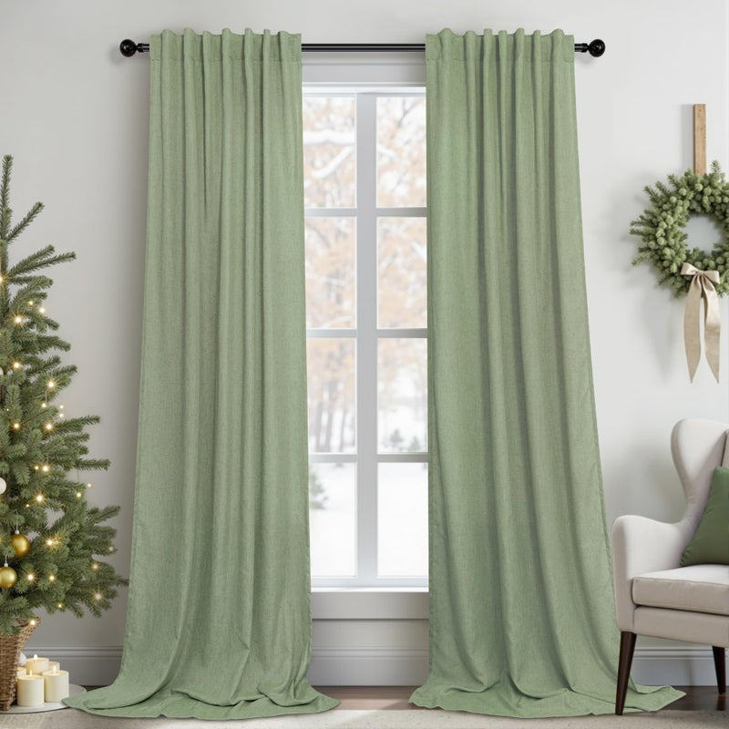 Pitalk Sage Green Curtains 96 Inches Long For Living Room 2 Panels Back Tab Loop Pocket Linen Draperies Semi Privacy Sheer Light Weight Pale Green Curtains For Bedroom Office Bay Neutral Boho Farmhouse 8 Ft - Image 1
