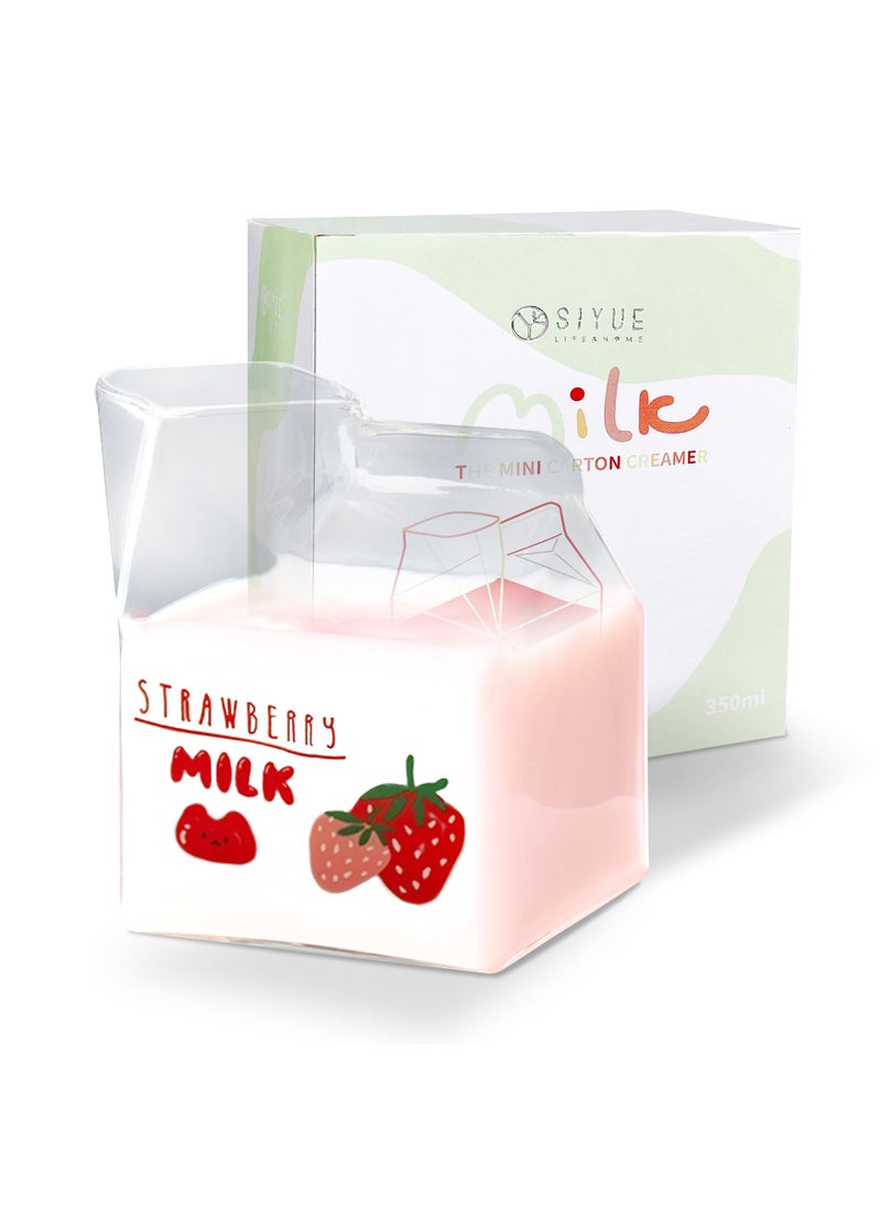 BLSKY Blsky Kawaii Glass Milk Carton Cup Microwavable 12 Oz Cute Milk Cups Mini Creamer Container Strawberry Square Breakfast Mug Glass Creamer Pitcher with Gift Box Strawberry1Pcs 