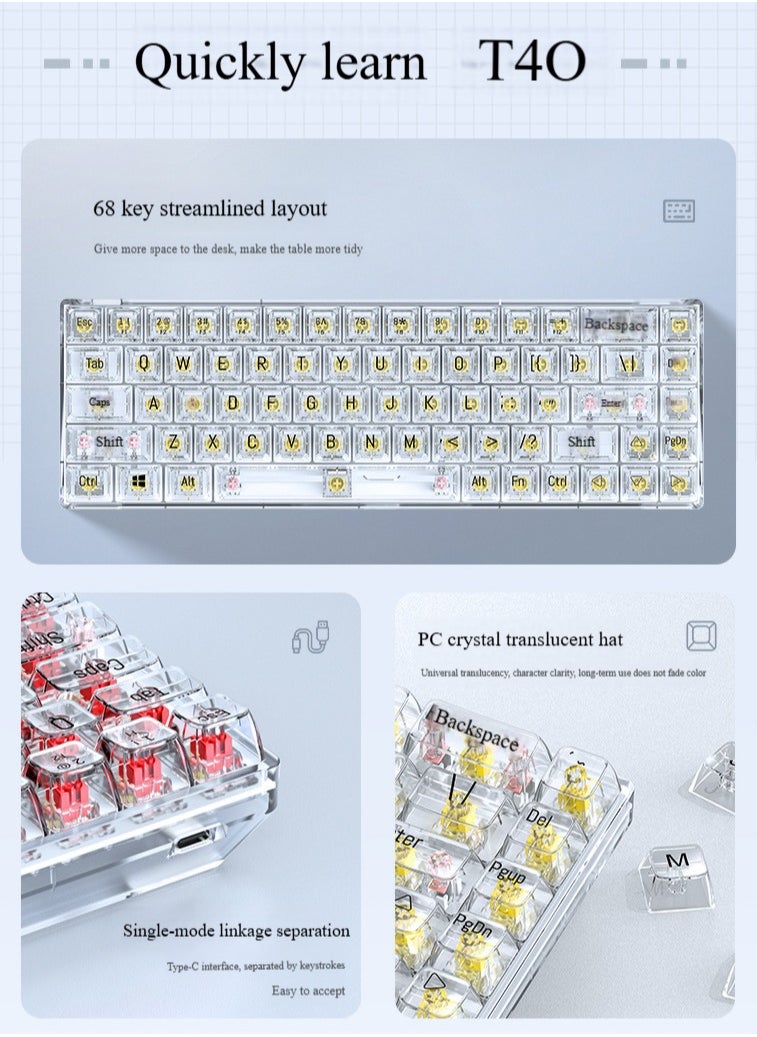T-WOLF - Transparent Gaming Keyboard,68 Keys USB Wired Mechanical Keyboard with Transparent PBT Keycaps and RGB Side Light for Office Gaming,Suitable for PC/Ps4/Xbox Gamers,Yellow Switch - Image 1