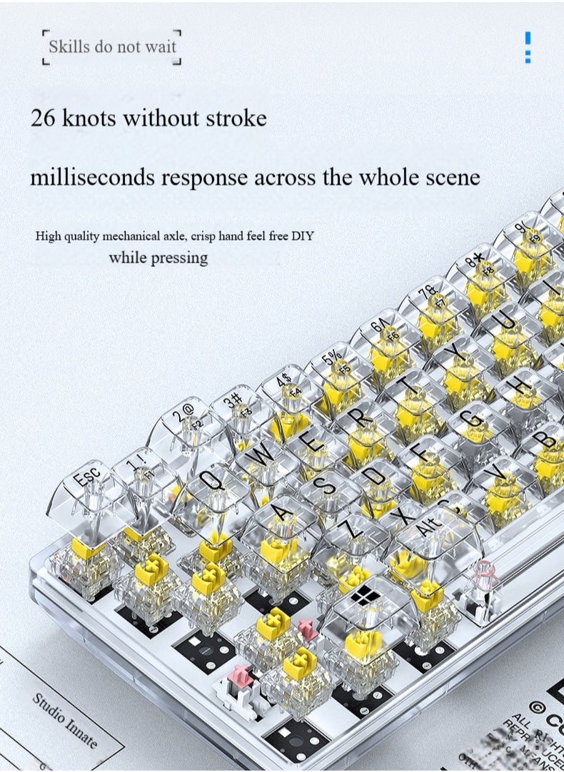 T-WOLF - Transparent Gaming Keyboard,68 Keys USB Wired Mechanical Keyboard with Transparent PBT Keycaps and RGB Side Light for Office Gaming,Suitable for PC/Ps4/Xbox Gamers,Yellow Switch - Image 1