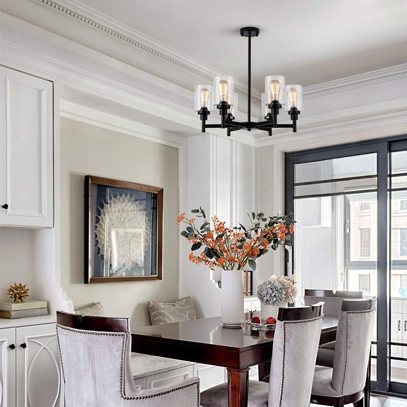 LIGHTDAMY Black Chandelier, 6 Light Farmhouse Chandeliers for Dining Room Light Fixtures Over Table, Industrial Hanging Lighting with Clear Glass Shade for Living Room Kitchen Island Bathroom Entryway Bedroom - Image 2