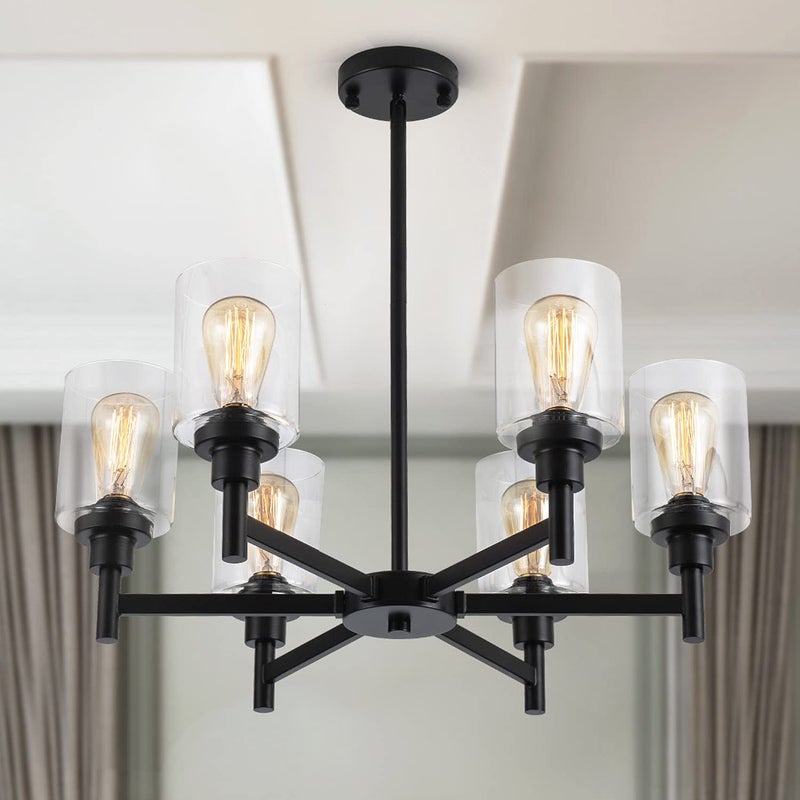 LIGHTDAMY Black Chandelier, 6 Light Farmhouse Chandeliers for Dining Room Light Fixtures Over Table, Industrial Hanging Lighting with Clear Glass Shade for Living Room Kitchen Island Bathroom Entryway Bedroom - Image 1