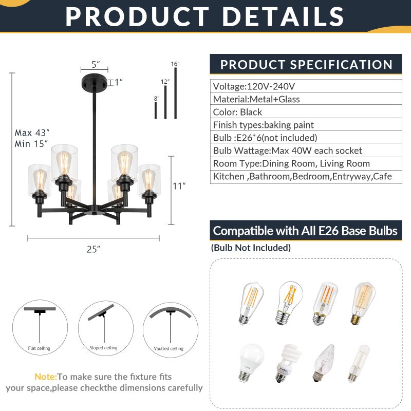 LIGHTDAMY Black Chandelier, 6 Light Farmhouse Chandeliers for Dining Room Light Fixtures Over Table, Industrial Hanging Lighting with Clear Glass Shade for Living Room Kitchen Island Bathroom Entryway Bedroom - Image 3