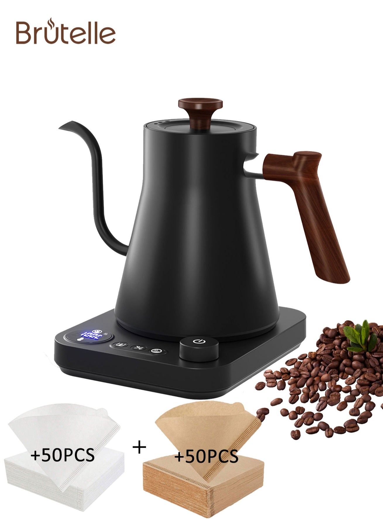 Brutelle Gooseneck Kettle V60 Coffee Kettle 900ML 1200W Power Knob Temperature Adjustment with Digital Display Temperature Automatic Insulation Stainless Steel Material With Size 02 V60 Coffee Paper Filter White 50pcs and Brown 50pcse Suitable for Home and Office 