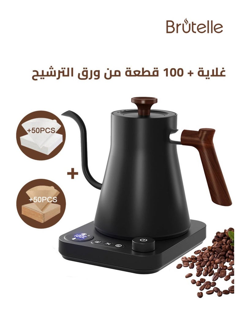 بريتيل غلاية قهوة V60 غلاية معقوفة غلاية فوهة طويلة 900 مل 1200 واط مع مقبض لضبط درجة الحرارة وشاشة رقمية لعرض درجة الحرارة وعزل تلقائي مادة فولاذ مقاوم للصدأ مع فلتر قهوة V60 بحجم 02 أبيض 50 قطعة وبني 50 قطعة - Image 1