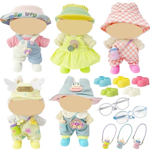 Ezcora Macaron Style Doll Clothes Set for 17cm Dolls Include 5 Outfits with Hats Shoes Glasses and Mini Bags Cute Dress Up Outfit for Doll Display No Dolls Macaron Style - Image 1