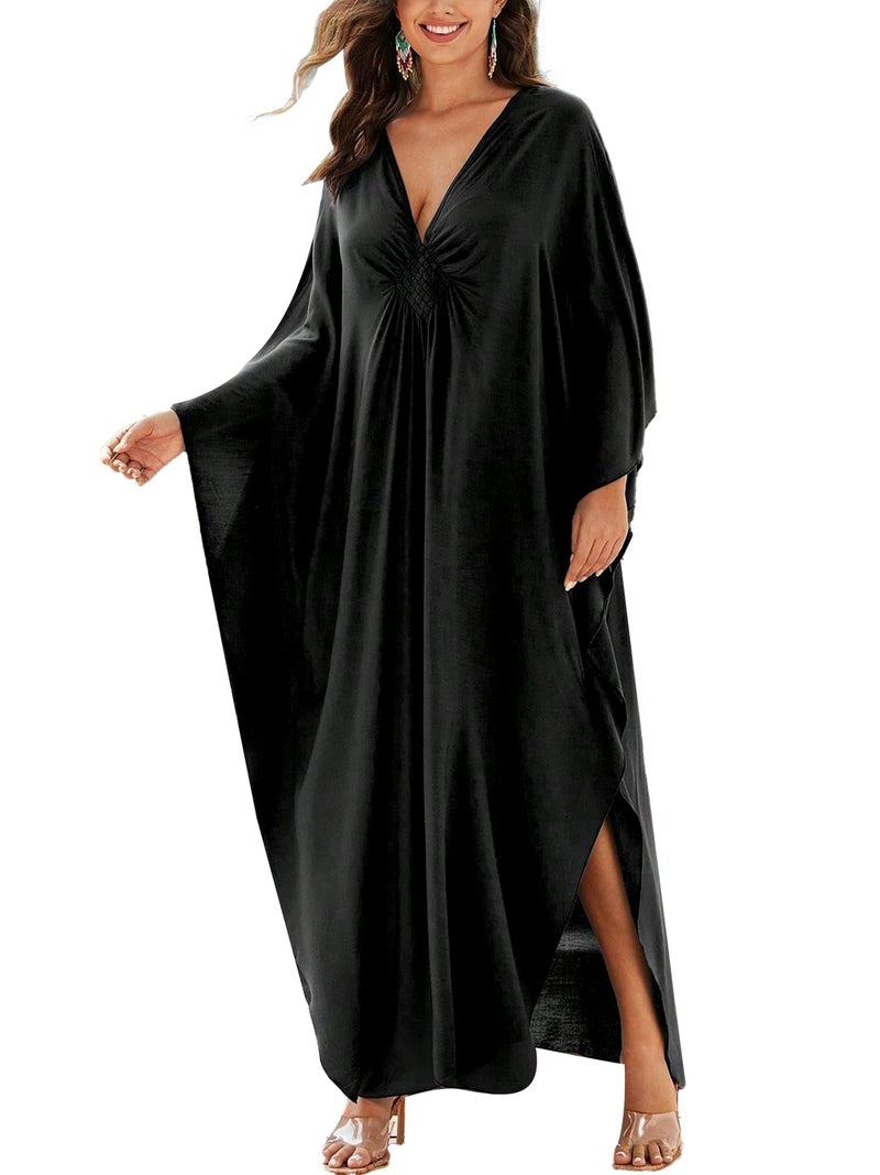 Moss Rose Caftan Coverup Dresses for Women V Neck Summer Swimsuit Kaftan Maxi Beach Vacation Clothes Black - Image 1