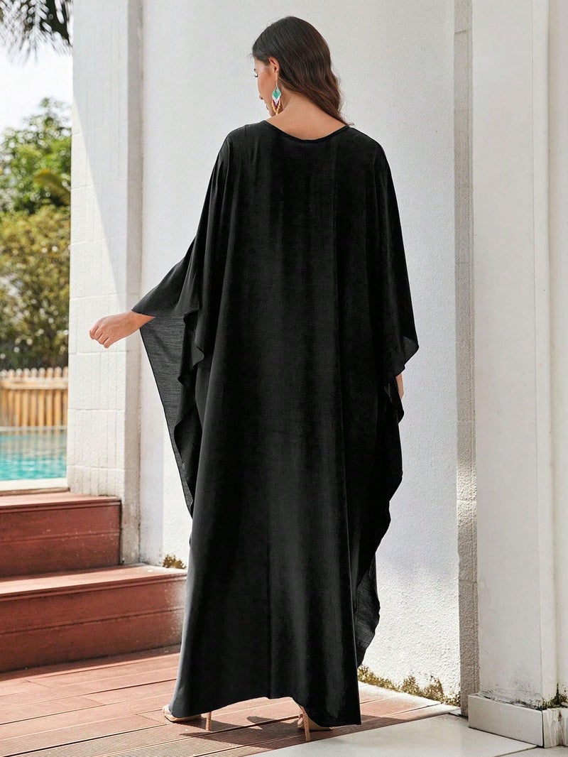Moss Rose Caftan Coverup Dresses for Women V Neck Summer Swimsuit Kaftan Maxi Beach Vacation Clothes Black - Image 2
