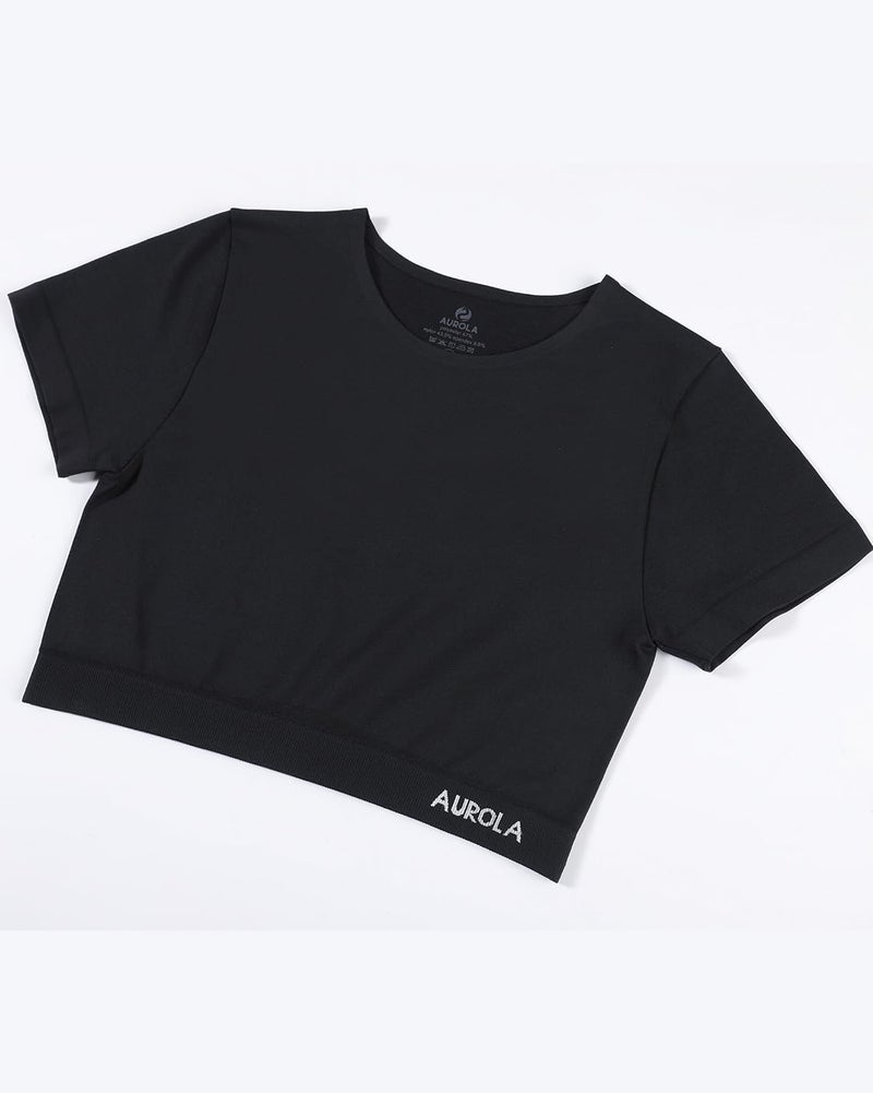 AUROLA Essentials Seamless Short Sleeve Crop Top for Women Workout Active Comfort Athletic Shirts Tee,Black,XS - Image 2