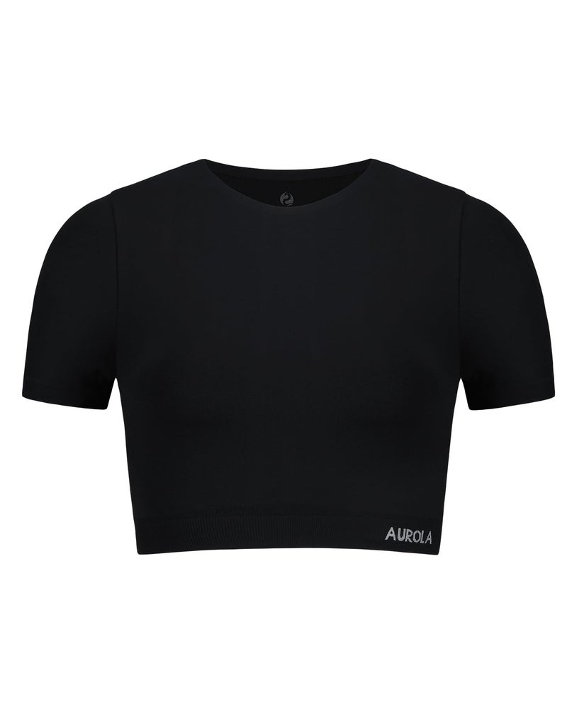 AUROLA Essentials Seamless Short Sleeve Crop Top for Women Workout Active Comfort Athletic Shirts Tee,Black,XS - Image 1