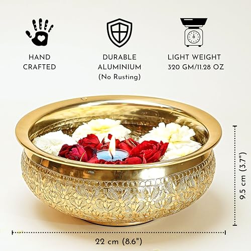 BEHOMA Classic Golden Aluminium Chitai 9" inch Urli Indoor Center Table Flower Decorative Bowl for Home Décor | Urali for Mandap, Haldi, Mehendi, Wedding, Reception & Entrance Decoration | 1Pc, 500 ml - Image 4