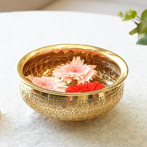 BEHOMA Classic Golden Aluminium Chitai 9" inch Urli Indoor Center Table Flower Decorative Bowl for Home Décor | Urali for Mandap, Haldi, Mehendi, Wedding, Reception & Entrance Decoration | 1Pc, 500 ml - Image 1