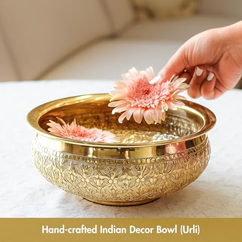 BEHOMA Classic Golden Aluminium Chitai 9" inch Urli Indoor Center Table Flower Decorative Bowl for Home Décor | Urali for Mandap, Haldi, Mehendi, Wedding, Reception & Entrance Decoration | 1Pc, 500 ml - Image 2