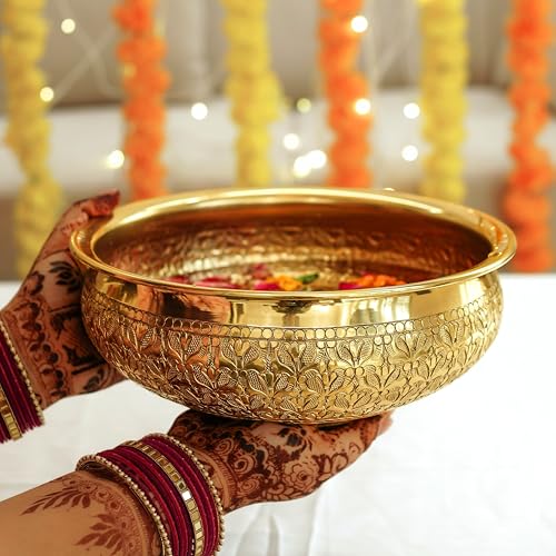 BEHOMA Classic Golden Aluminium Chitai 9" inch Urli Indoor Center Table Flower Decorative Bowl for Home Décor | Urali for Mandap, Haldi, Mehendi, Wedding, Reception & Entrance Decoration | 1Pc, 500 ml - Image 3