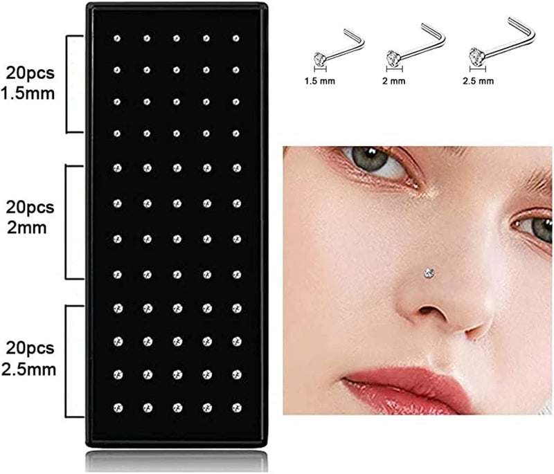 Luckam Hypoallergenic Stainless Steel Nose Studs - L Shaped Nose Rings for Men & Women, 1.5mm, 2mm, 2.5mm Nostrial Piercing Body Jewelry - Image 3