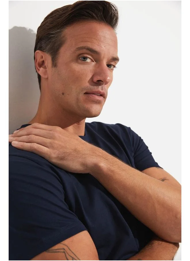 JUNE June Men Regular Fit 100% Cotton Basic Crew Neck Tshirt Navy