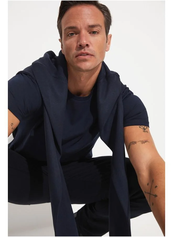 JUNE June Men Regular Fit 100% Cotton Basic Crew Neck Tshirt Navy