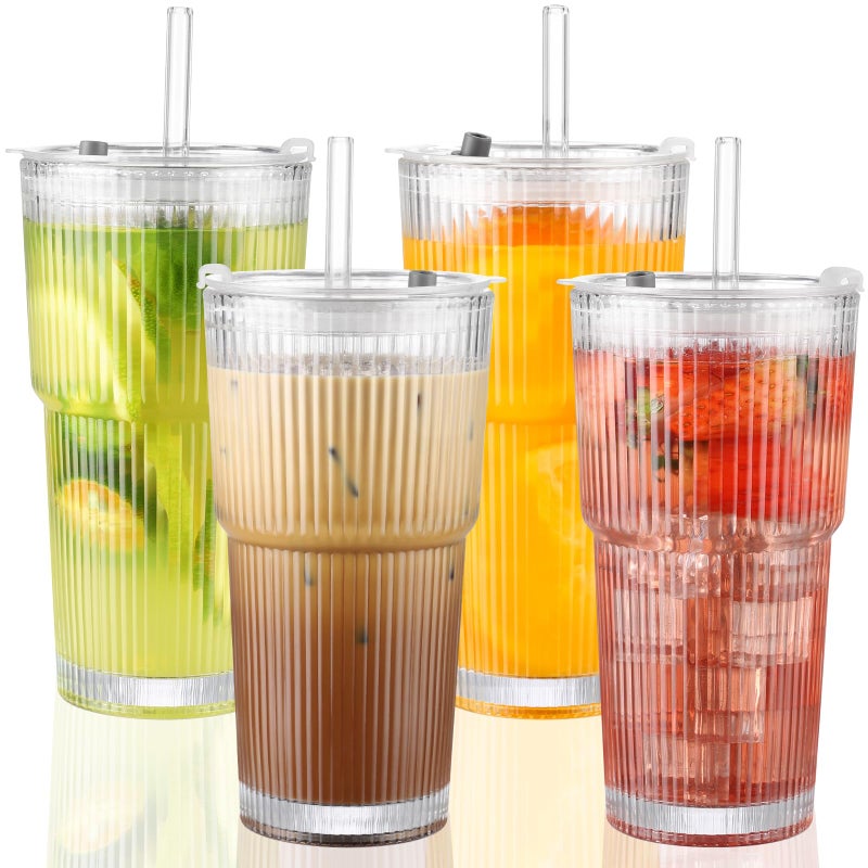 CWHHRN 20 oz Glass Cups with Lid and Straw 4 Set Glass Tumbler with Straw and Lid Vintage Glassware for Whiskey Cocktail Beer Iced Coffee Cups with Lid 4 PACK