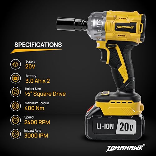 Tomahawk® 20V Brushless Cordless Impact Wrench Kit, 400Nm High Torque, 1/2 Inch Square Drive, 2x 3.0Ah Batteries, LED Light, Reverse Self Stop, Sockets, & Carry Case - Image 4