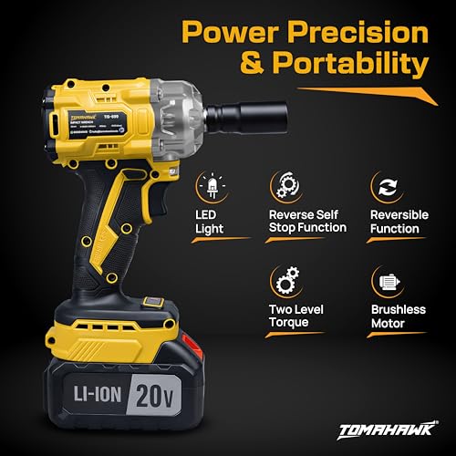 Tomahawk® 20V Brushless Cordless Impact Wrench Kit, 400Nm High Torque, 1/2 Inch Square Drive, 2x 3.0Ah Batteries, LED Light, Reverse Self Stop, Sockets, & Carry Case - Image 5