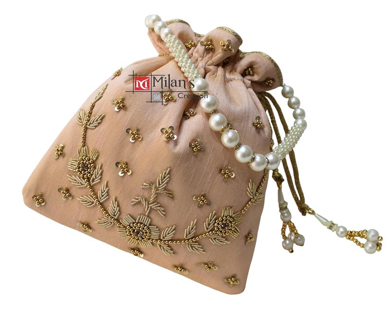 MILAN'S CREATION حقيبة بوتلي مزينة باللؤلؤ وزردوسي بتطريز يدوي، حقيبة يد نسائية بحبل سحب مع مقبض لؤلؤي وخرز مزخرف - Image 4
