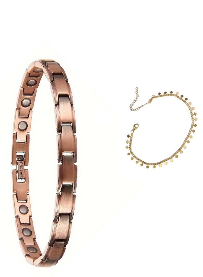 كلار طقم سوار من النحاس الخالص مطعم بمغناطيس النيوديوم,طقم نحاس داخل علبة هدايا مخمل من قطعتين بتصميم مجوهرات من النحاس الأحمر  (علاجي للمفاصل وتنشيط الدورة الدموية ) + سوار نحاس اصفر (زينة ) 2 قطعة  نحاس أحمر + أصفر - Image 1