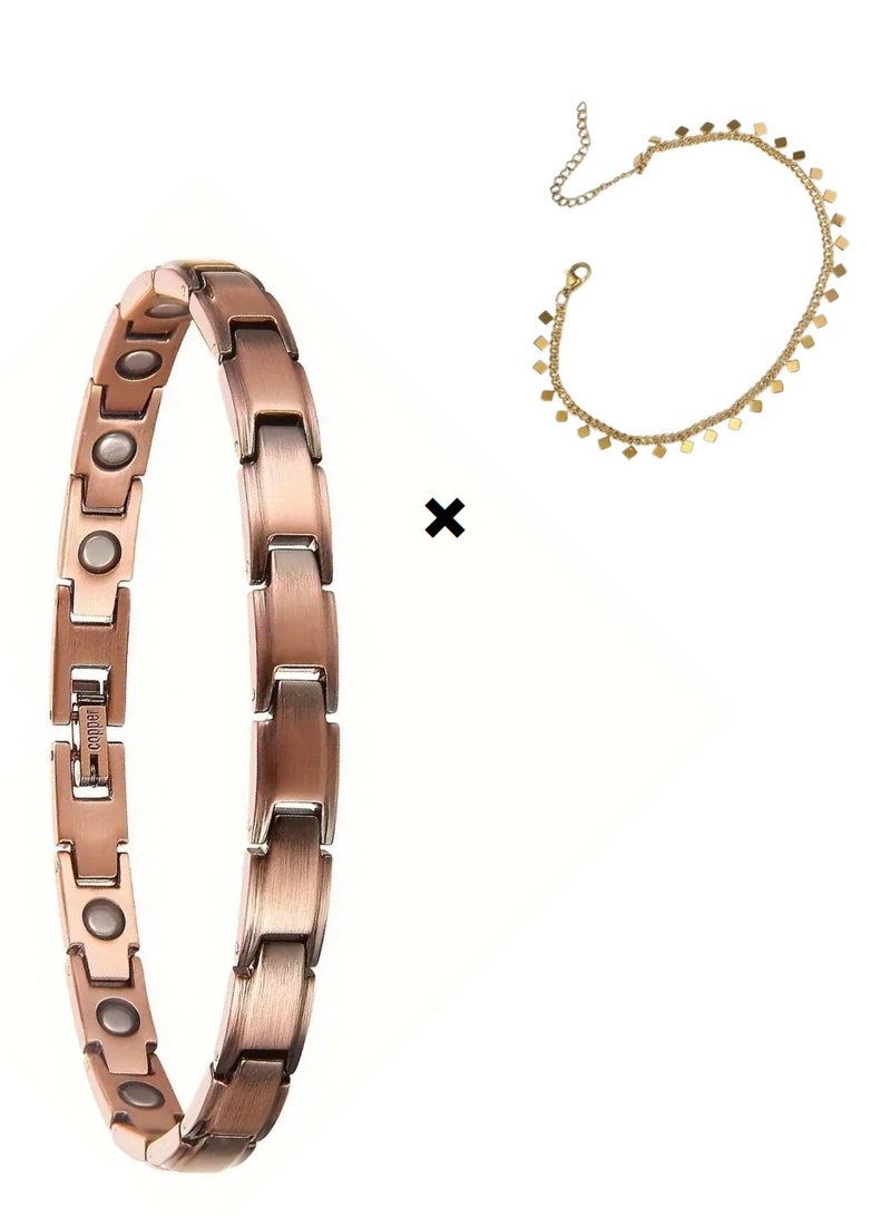 كلار طقم سوار من النحاس الخالص مطعم بمغناطيس النيوديوم,طقم نحاس داخل علبة هدايا مخمل من قطعتين بتصميم مجوهرات من النحاس الأحمر  (علاجي للمفاصل وتنشيط الدورة الدموية ) + سوار نحاس اصفر (زينة ) 2 قطعة  نحاس أحمر + أصفر - Image 4