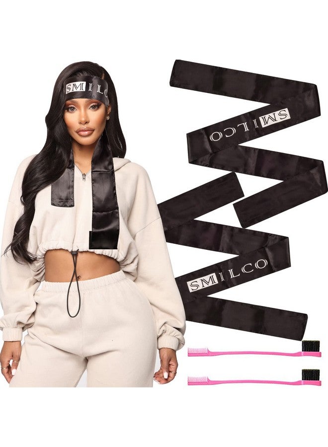 Smilco Edge Scarf & 2 Pcs Edge Brush Satin Edge Laying Scarf For Women Lace Frontal Wigs Edge Control Brush For Baby Natural Hair Edge Wrap For Wigs (2Pcs Black)  - Image 2