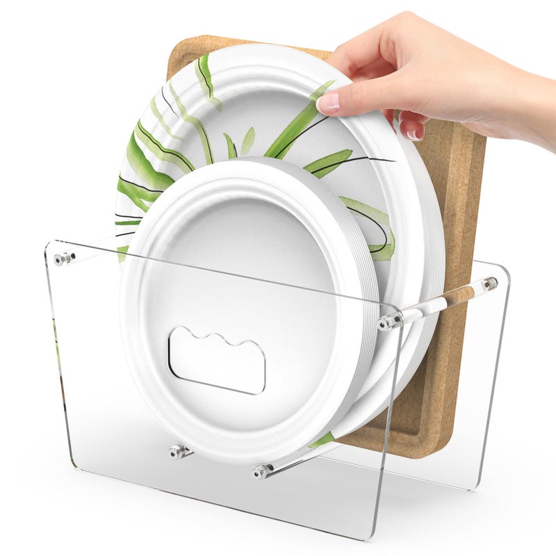 KALYLOC Disposable Paper Plate Dispenser for 5-12 Inches, Space-Saving Plastic Foam Acrylic Plate Dispensers Holder, Countertop Plates Storage Organizer for Cabinet, RV, Party or Outdoor - Image 1