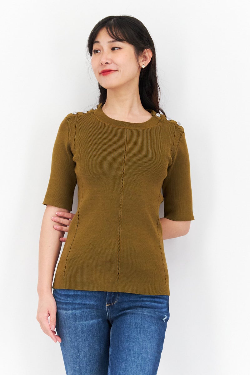 CARMEN MARC VALVO Women Crew Neck Short Sleeve Knitted Top, Dark Moss Green - Image 1