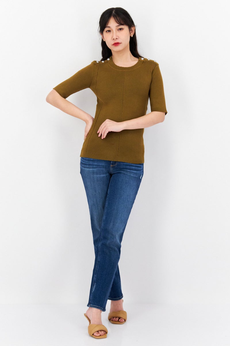 CARMEN MARC VALVO Women Crew Neck Short Sleeve Knitted Top, Dark Moss Green - Image 3