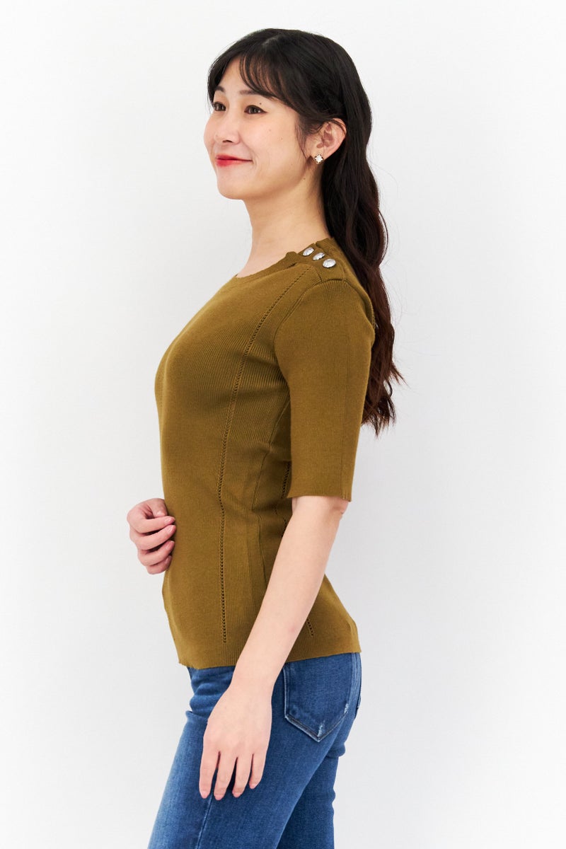 CARMEN MARC VALVO Women Crew Neck Short Sleeve Knitted Top, Dark Moss Green - Image 2