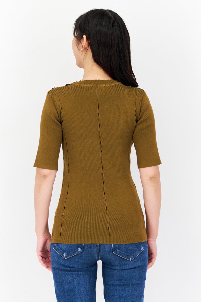 CARMEN MARC VALVO Women Crew Neck Short Sleeve Knitted Top, Dark Moss Green - Image 4