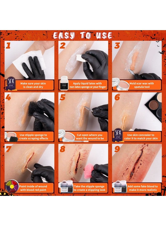 CHASPA Halloween Liquid Latex Special Effects Sfx Makeup Kit Scar Wax + 2 Btl Liquid Latex + 2 Btl Fake Blood + Spatula Tool + 2Pcs Stipple Sponge + 4Pcs Makeup Sponges + Cotton Swabs  - Image 5