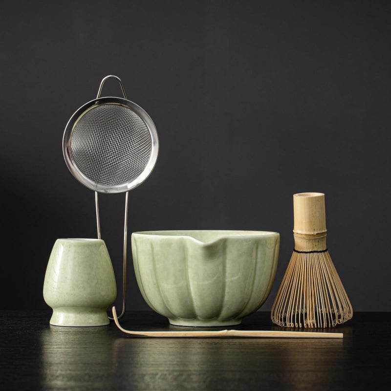 SFTXEY Matcha Whisk Set, Matcha Set Includes Ceramic Matcha Bowl, Bamboo Whisk, Scoop, Chasen Holder, Sifter, 5 Pcs Perfect Matcha Kit for Macha Lover (Mottled Green) - Image 1