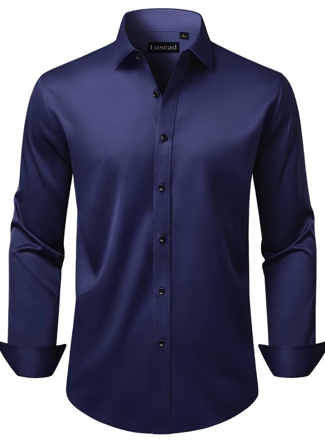 Lusead Men's Dress Shirts Long Sleeve Stretch Wrinkle Free Slim Fit Wedding Formal Button Down Shirt, Navy, XXL - Image 1