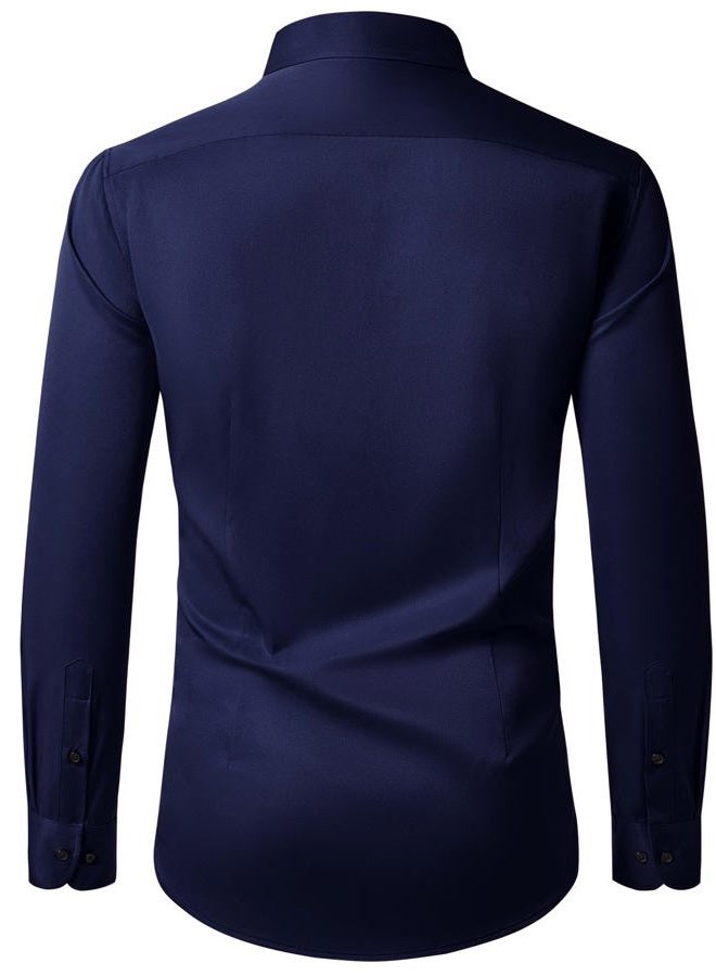 Lusead Men's Dress Shirts Long Sleeve Stretch Wrinkle Free Slim Fit Wedding Formal Button Down Shirt, Navy, XXL - Image 2