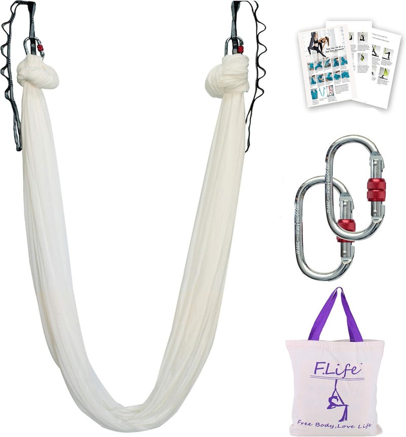 Flife F.Life Aerial Yoga Hammock 5.5 Yards with Daisy Chain, Carabiner, and Pose Guide - White - Image 1