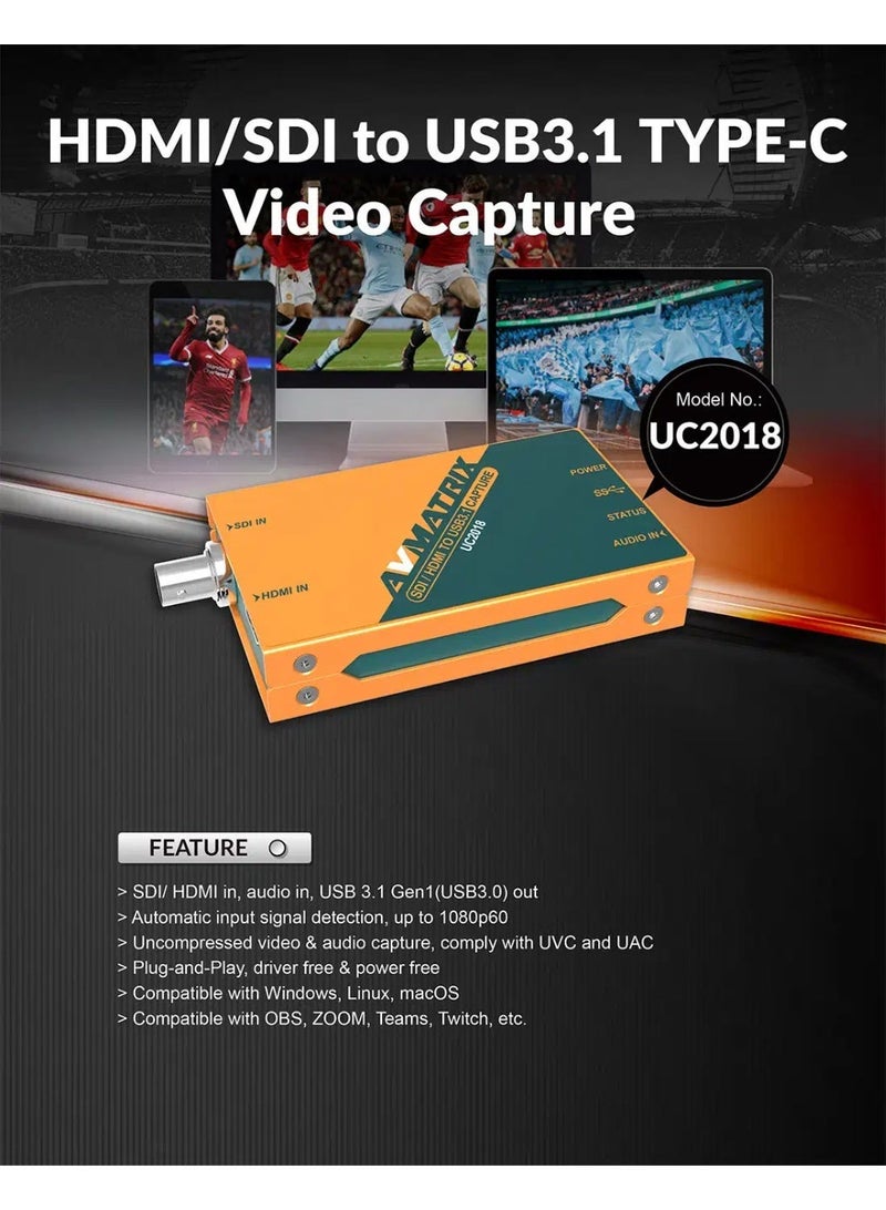 AVMATRIX UC2018 HDMI/SDI to USB3.1 Type-C Uncompressed Video Capture; HDMI or SDI in, and USB 3.1 Gen1(USB3.0) Out; Automatic Input Signal Detection, Up to 1080p60 - Image 5