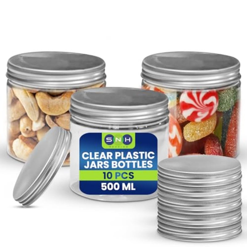 10 Pieces 500ml Clear Plastic Jars Bottles with Silver Ribbed Lids - Leak Proof Plastic Containers for Kitchen, Spices Container Set, Cosmetics, DIY Crafts, and More - Image 1