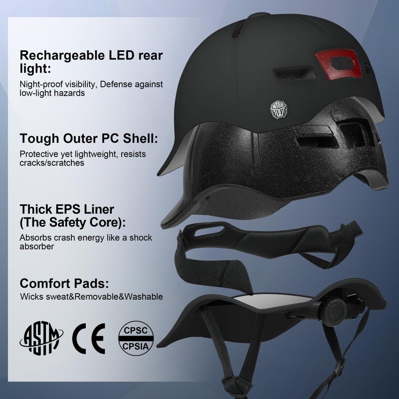 NTGBV Bike Helmet Adult Men/Women-USB Rechargeable Rear Light CPSC/ASTM Certified 2 Removable Liners Adjustable Lightweight Baseball Cap Style for Youth Road&Mountain Biking Skating Scooter - Image 2