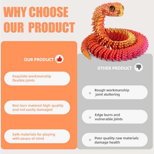 Binvin 3D Printed AnimalsSnake Viper3D Printed Snake Toys Articulated Snake 3D Printed Animals Animal Model Ornaments Creative Funny Toy Festival Gift for Frends Pink 24Inch - Image 5