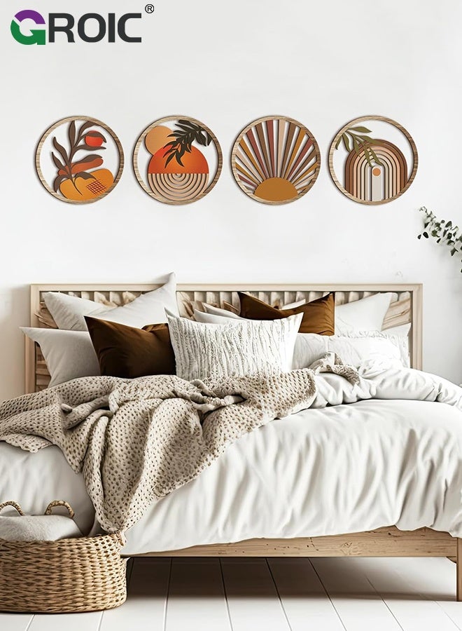 GROIC 4 Pcs Boho Wall Decor,Farmhouse Wooden Round Bathroom Decor, Hollow-out Hanging Art Nursery Decor, Minimalist for Apartment Bedroom Gift, Modern Leaf and Nature-Themed Wood Wall Art,Retro wooden decorations - Image 2