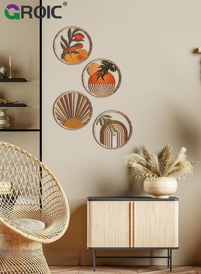 GROIC 4 Pcs Boho Wall Decor,Farmhouse Wooden Round Bathroom Decor, Hollow-out Hanging Art Nursery Decor, Minimalist for Apartment Bedroom Gift, Modern Leaf and Nature-Themed Wood Wall Art,Retro wooden decorations - Image 3