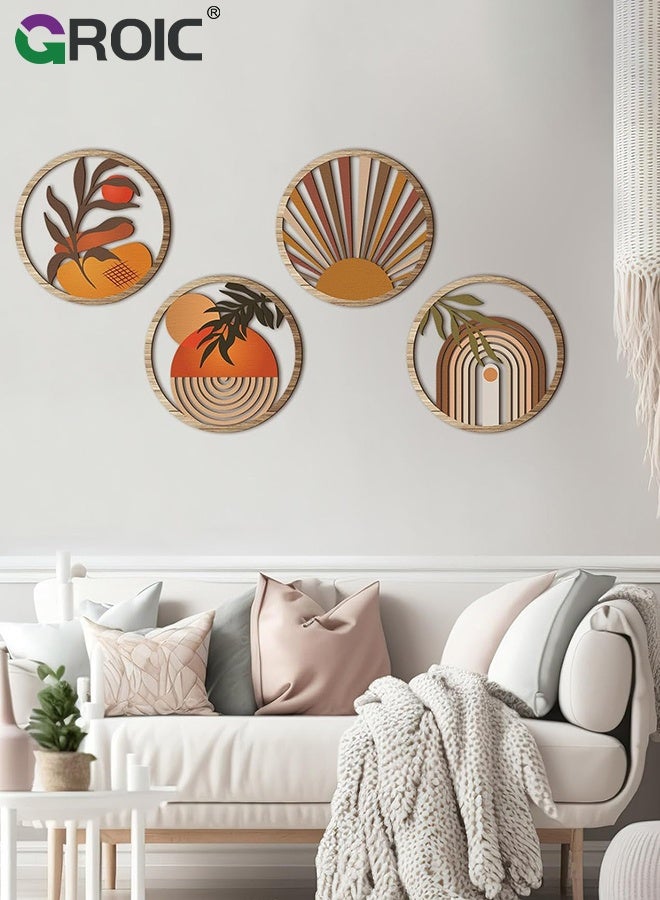 GROIC 4 Pcs Boho Wall Decor,Farmhouse Wooden Round Bathroom Decor, Hollow-out Hanging Art Nursery Decor, Minimalist for Apartment Bedroom Gift, Modern Leaf and Nature-Themed Wood Wall Art,Retro wooden decorations - Image 4