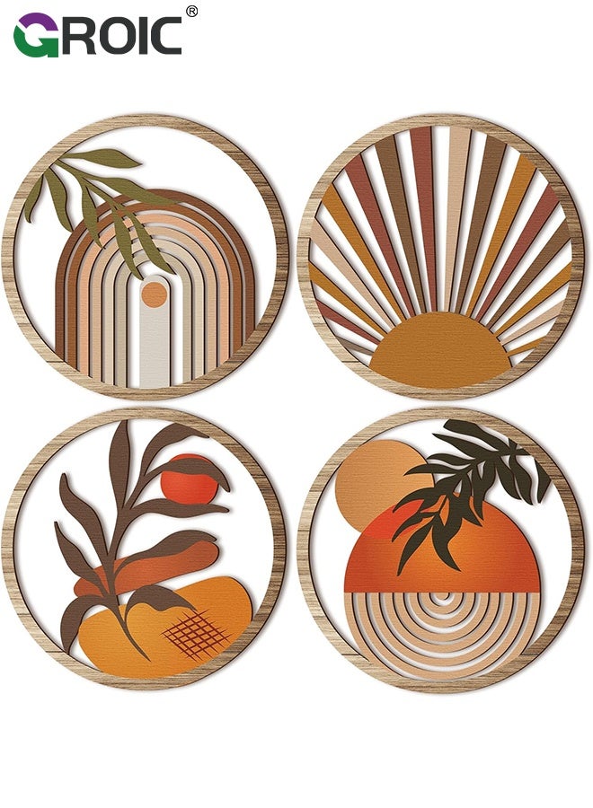 GROIC 4 Pcs Boho Wall Decor,Farmhouse Wooden Round Bathroom Decor, Hollow-out Hanging Art Nursery Decor, Minimalist for Apartment Bedroom Gift, Modern Leaf and Nature-Themed Wood Wall Art,Retro wooden decorations - Image 1