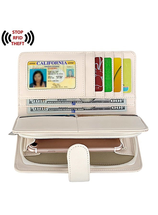 UTO Women PU Leather Wallet RFID Blocking Large Capacity 15 Card Slots Smartphone Holder Snap Closure D White - Image 2