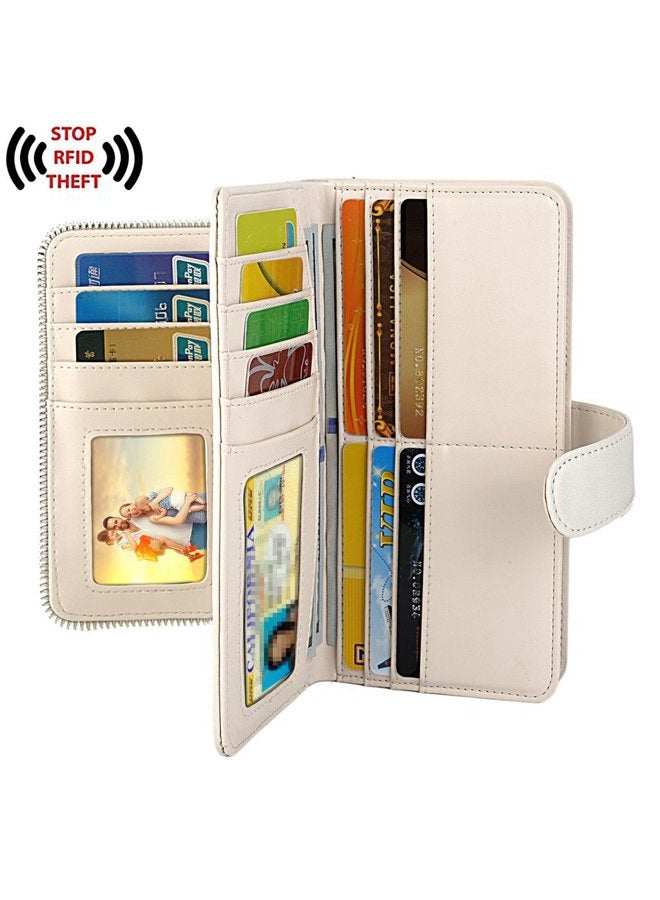UTO Women PU Leather Wallet RFID Blocking Large Capacity 15 Card Slots Smartphone Holder Snap Closure D White - Image 3