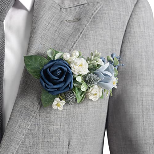 Ling's moment Ling's Moment Dusty Blue Pocket Boutonniere Single, Navy Boutonniere for Men Groom for Wedding, Prom, Homecoming,  - Image 1